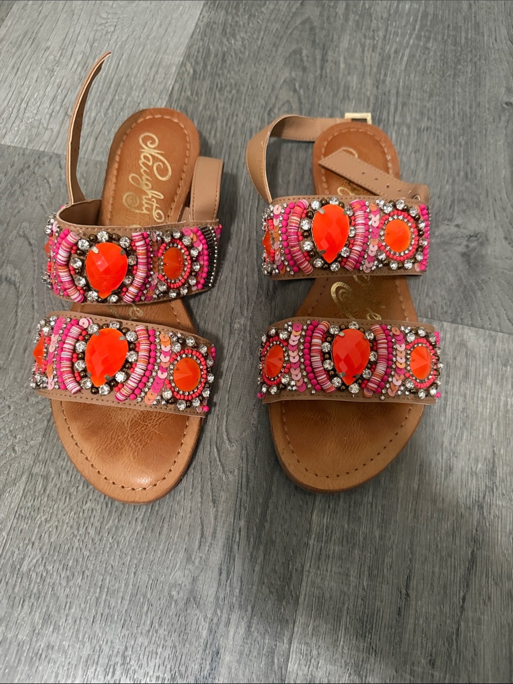 naughty monkey Tan Sandals with Pink & Orange Beaded Accents